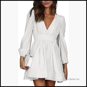 Polyester Spandex Mini Deep V Long Sleeve A-Line High Waist Dress